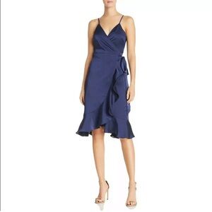 Aqua Navy Wrap Ruffle Satin Dress